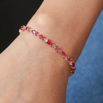 Ruby Gold Bracelet with Mixed Cut Ruby | Tennis Style Link Chain Bracelet