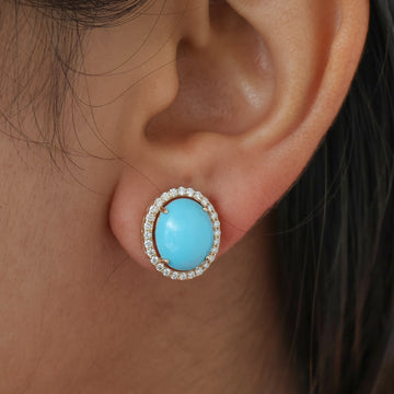 Oval Turquoise Diamond Halo Big Earrings Gold | Chunky Turquoise Earrings