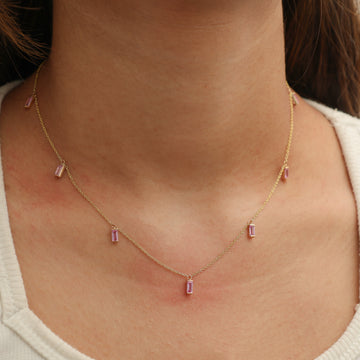 Pink Sapphire Bar Set Baguette Shape Chain Necklace