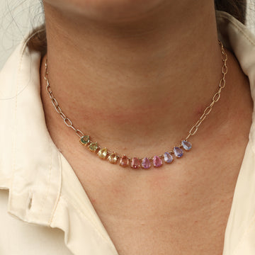 Rainbow Sapphire Pear Prong  Set Link Chain  Necklace