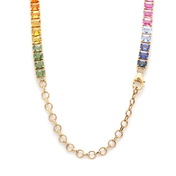 Rainbow Sapphire Emerald Cut Tennis Necklace
