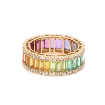 Rainbow Sapphire Emerald Cut Diamond band ring