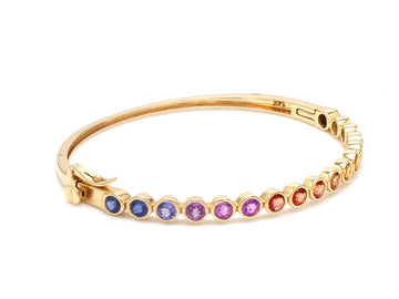 Rainbow Ombre Sapphire Bangle | Round Cut Bezel Set | 14K 18K Solid Gold Bracelet