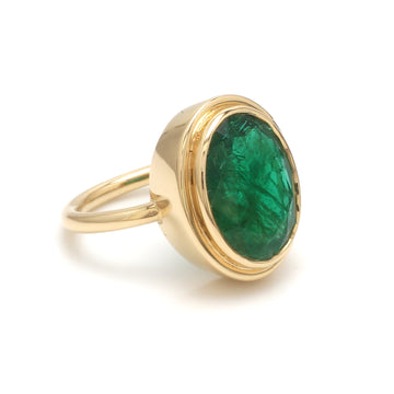 Natural Oval Emerald Chunky Ring Gold | Bezel Set Big Emerald Vintage Style Ring Gold