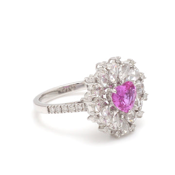 Pink Sapphire Heart And Rose Cut Pear Diamond Ring