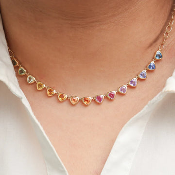 Rainbow Sapphire Heart Bezel Set Necklace