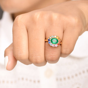 Emerald and Rainbow Gemstone Halo Ring