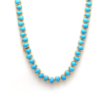 Turquoise Pear Bezel Set Tennis Necklace Gold | Upside Down Pear Turquoise Cabochon Tennis Necklace