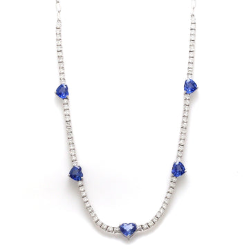 Heart Blue Sapphire and Diamond Necklace in White Gold – Elegant Tennis Chain Design