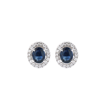 Blue Sapphire Oval Stud Earrings with Diamond Halo in 14K 18K White Gold – Classic Fine Jewelry