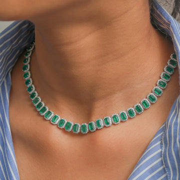 Emerald Cut Natural Emerald & Diamond Halo Necklace Gold