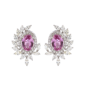 Oval Pink Sapphire & Marquise Diamond Cluster Earrings in Solid Gold