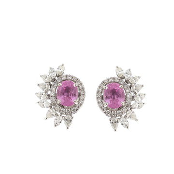 Oval Pink Sapphire & Diamond Halo Earrings in Solid Gold – Double Halo with Marquise Cluster
