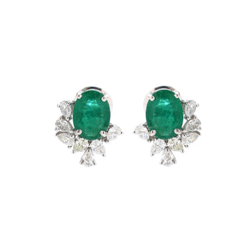 Elegant Oval Emerald & Diamond Cluster Earrings in Solid Gold
