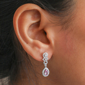 Pear Cut Pink Gemstone & Diamond Drop Earrings White Gold | Halo Dangle Earrings | Jewels Park