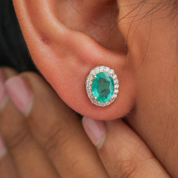 Natural Emerald Diamond Halo Stud Earrings Gold | Fine Jewelry by Jewels Park