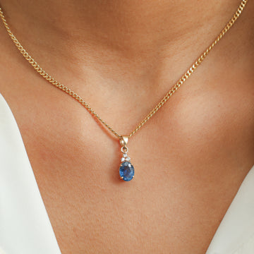 Oval Blue Sapphire & Diamond Accent Pendant Necklace | Minimal Cluster Drop | Jewels Park