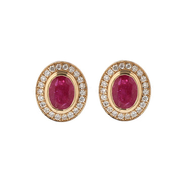 Elegant Oval Ruby and Diamond Halo Stud Earrings in Solid Gold