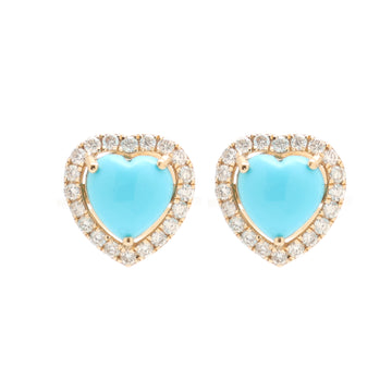 Turquoise Heart Diamond Halo Earrings Gold | Turquoise Heart Cabochon Studs