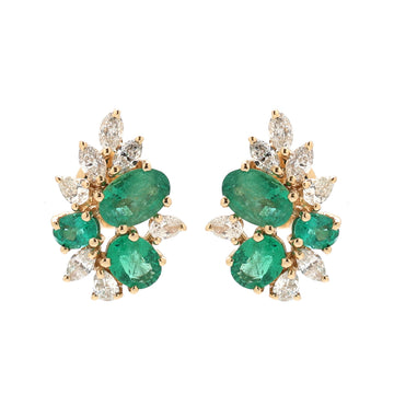 Emerald & Diamond Cluster Stud Earrings Gold