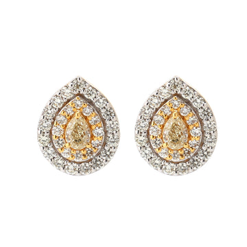 Pear Shaped Yellow Diamond Stud Earrings in Gold – Halo Setting with White & Yellow Diamonds, Elegant Fine Jewelry