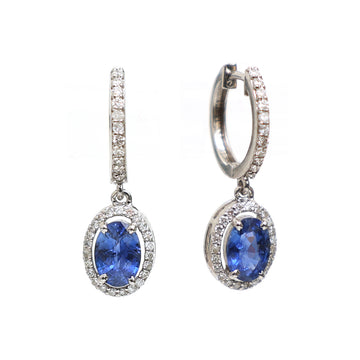 Blue Sapphire Oval Diamond Halo Mini Earrings