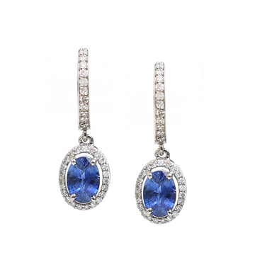 Blue Sapphire Oval Diamond Halo Mini Earrings