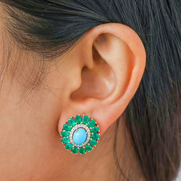 Turquoise, Emerald & Diamond Oval Halo Earrings Gold