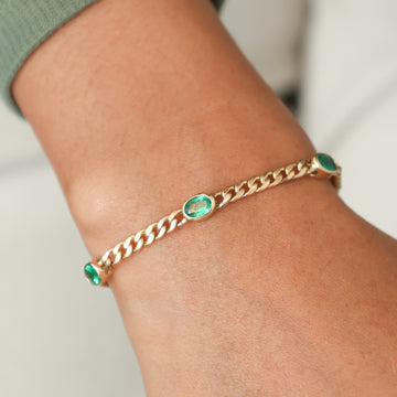 Emerald Cuban Chain Bracelet Gold | Oval Gemstone Link Bracelet
