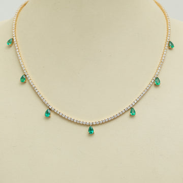 Emerald Drop Diamond Tennis Necklace Gold