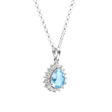 Pear Aquamarine Diamond Halo Pendant Necklace Gold