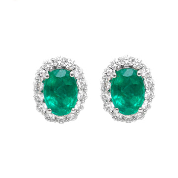 Emerald and Diamond Halo Stud Earrings Gold