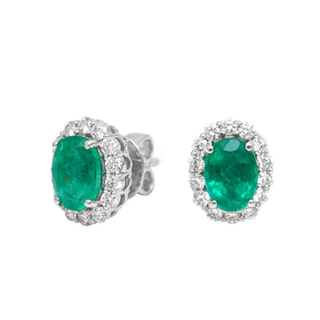 Emerald and Diamond Halo Stud Earrings Gold