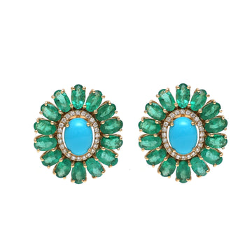 Turquoise & Emerald Floral Stud Earrings  Gold | Diamond Halo Statement Studs