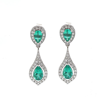 Emerald Double Drop Halo Earrings Gold | Natural Pear Emerald Dangles – Jewels Park