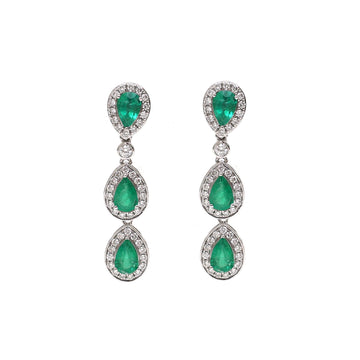 Emerald Pear Diamond Halo Dangle Earrings in Gold | Natural Emerald Drop Earrings | Jewels Park