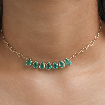 Emerald Pear Bezel Set Paperclip Chain Necklace