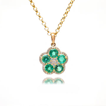 Emerald Round and Diamond Floral Pendant