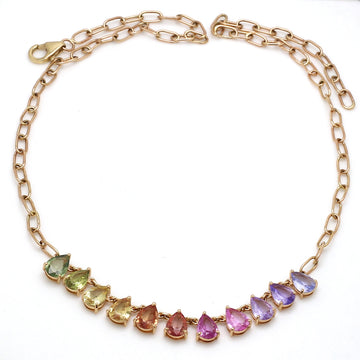 Rainbow Sapphire Pear Prong  Set Link Chain  Necklace