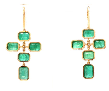 Emerald Octagon Cross Diamond Dangle Earrings Gold