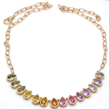 Rainbow Sapphire Pear Prong  Set Link Chain  Necklace