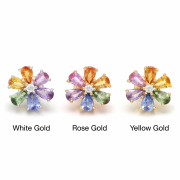Rainbow Sapphire Flower Stud Earrings Gold Diamond Center