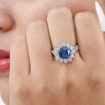 Blue Sapphire Cushion Cut Diamond Statement Ring