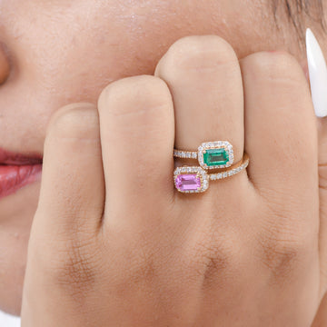 Emerald and Pink Sapphire Octagon Two Stone Ring