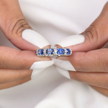 Blue Sapphire East West Oval and Diamond Ring