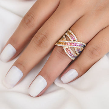 Rainbow Sapphire Princess Cut Diamond Big Ring