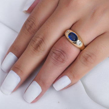 Blue Sapphire Oval Diamond Chunky Dome Ring