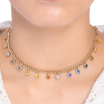 Rainbow Sapphire Bezel Set Heart Link Chain Necklace