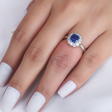 Blue Sapphire Antique Cushion and Diamond Ring