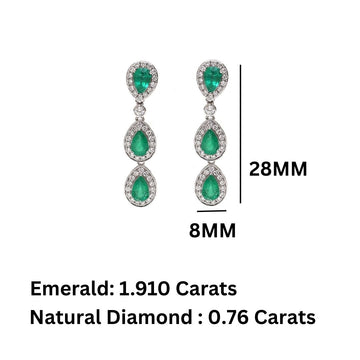 Emerald Pear Diamond Halo Dangle Earrings in Gold | Natural Emerald Drop Earrings | Jewels Park